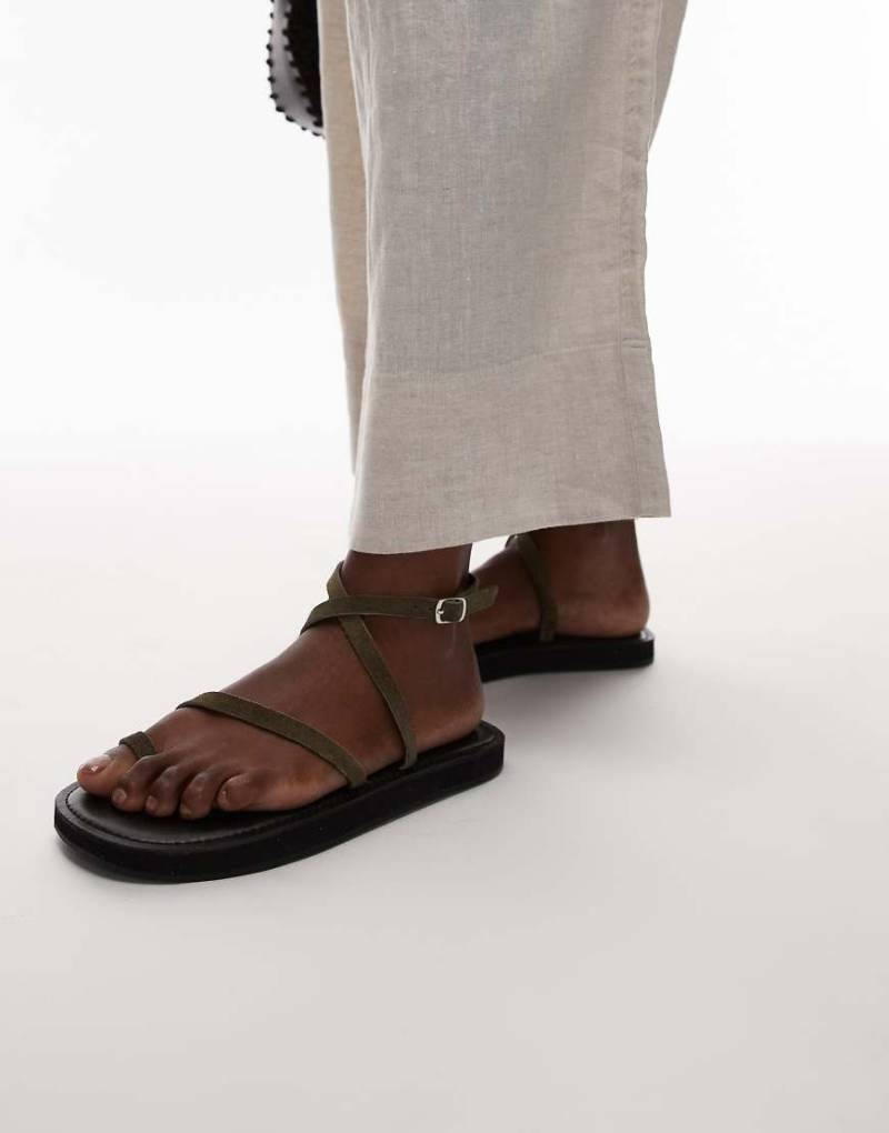 Topshop - Kayce - Flache Riemchen-Sandalen aus echtem Wildleder in Khaki-Grün von Topshop