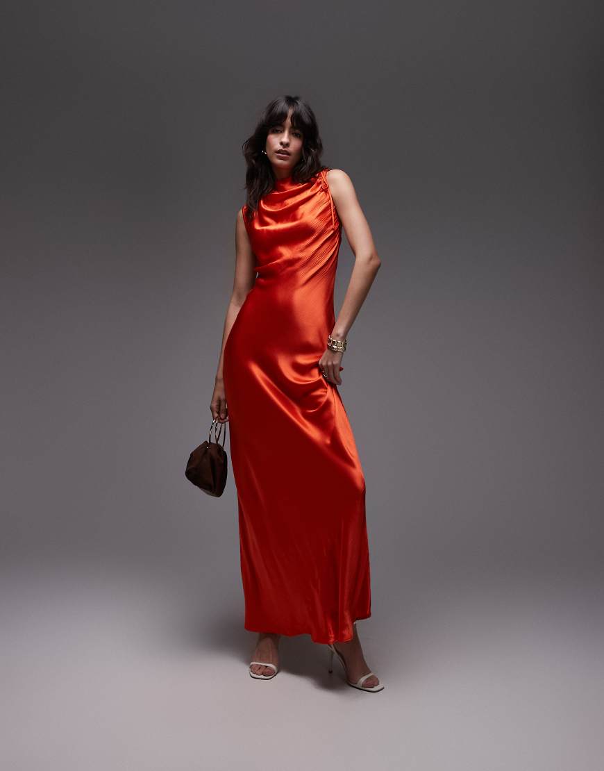 Topshop - Kleid für besondere Anlässe in Orange mit asymmetrisch gerafftem Armausschnitt und Maxilänge von Topshop