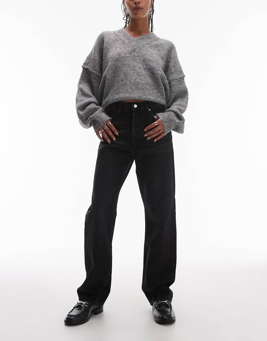 Topshop - Kort - Straight Jeans in verwaschenem Schwarz mit hohem Bund von Topshop