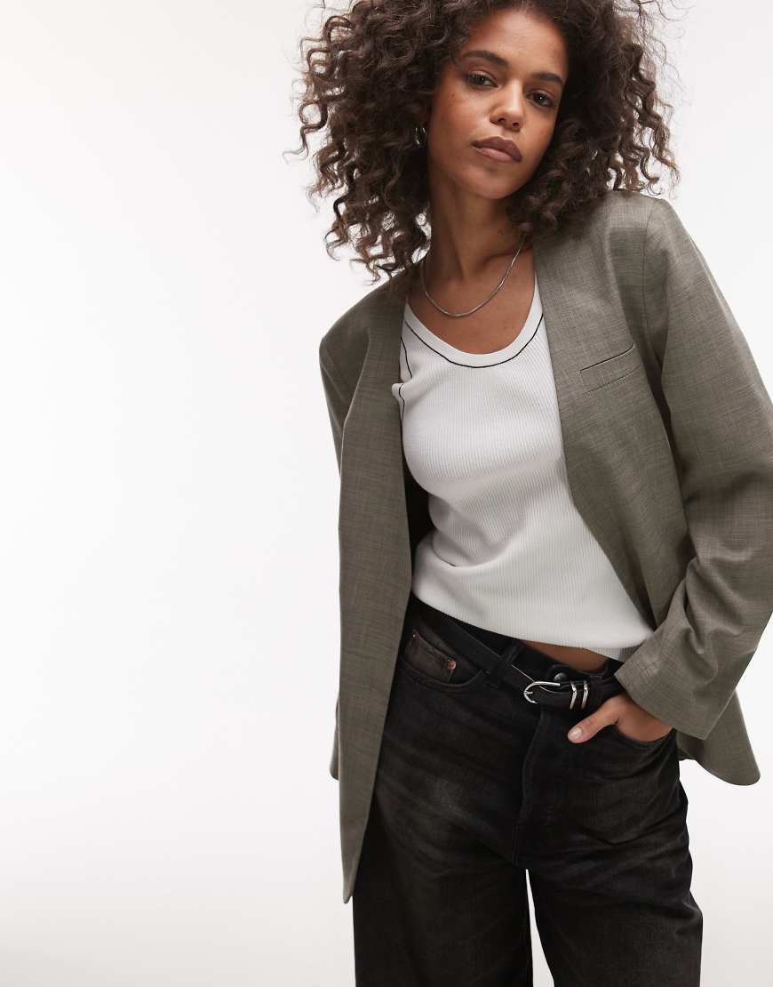 Topshop - Kragenloser schlichter Blazer in Grau kariert von Topshop