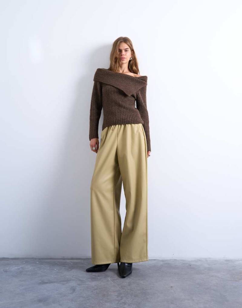 Topshop - Kunstleder-Hose in Taupe mit geradem Bein und elastischem Bund mit Kordelzug-Neutral von Topshop