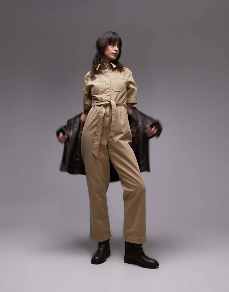 Topshop - Kurzärmliger Jumpsuit in Steinbeige-Neutral von Topshop