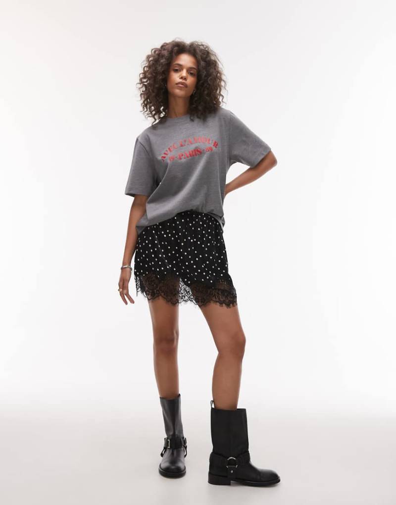 Topshop - Kurzer Petticoat-Rock aus Satin und Spitze in gepunktetem Schwarz-Weiß von Topshop