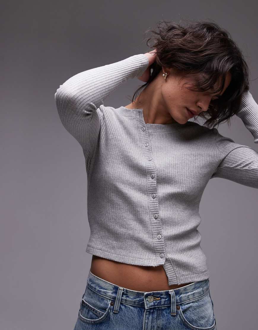 Topshop - Langärmlige, asymmetrische Strickjacke in meliertem Grau von Topshop