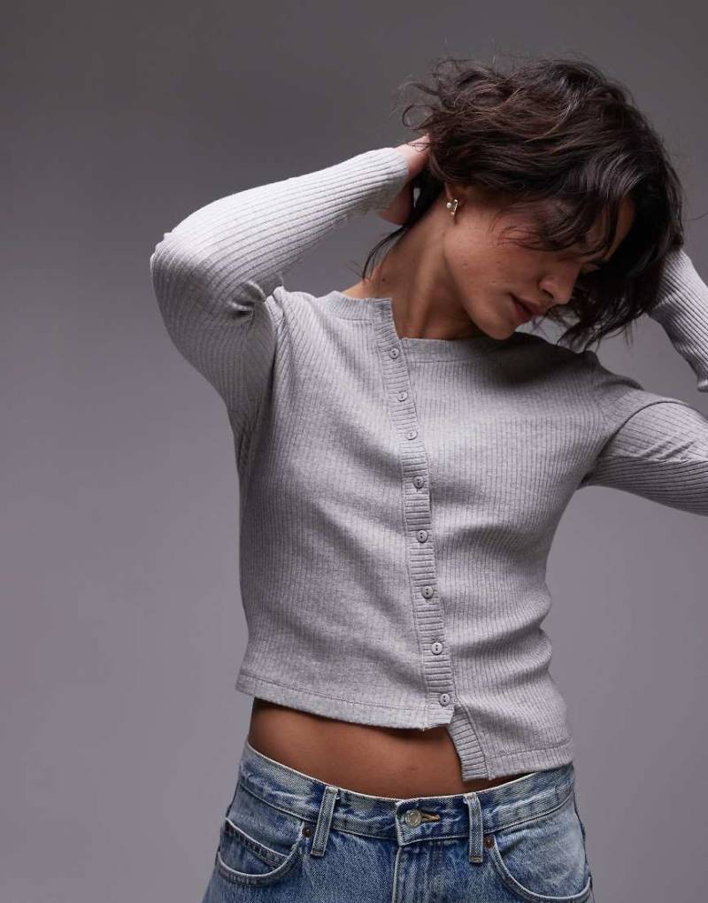 Topshop - Langärmlige, asymmetrische Strickjacke in meliertem Grau von Topshop