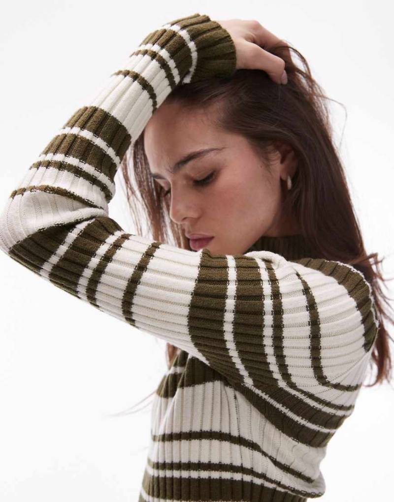 Topshop - Langärmliger Strickpullover mit Streifen in verschiedenen Farben und Knopfleiste-Bunt von Topshop