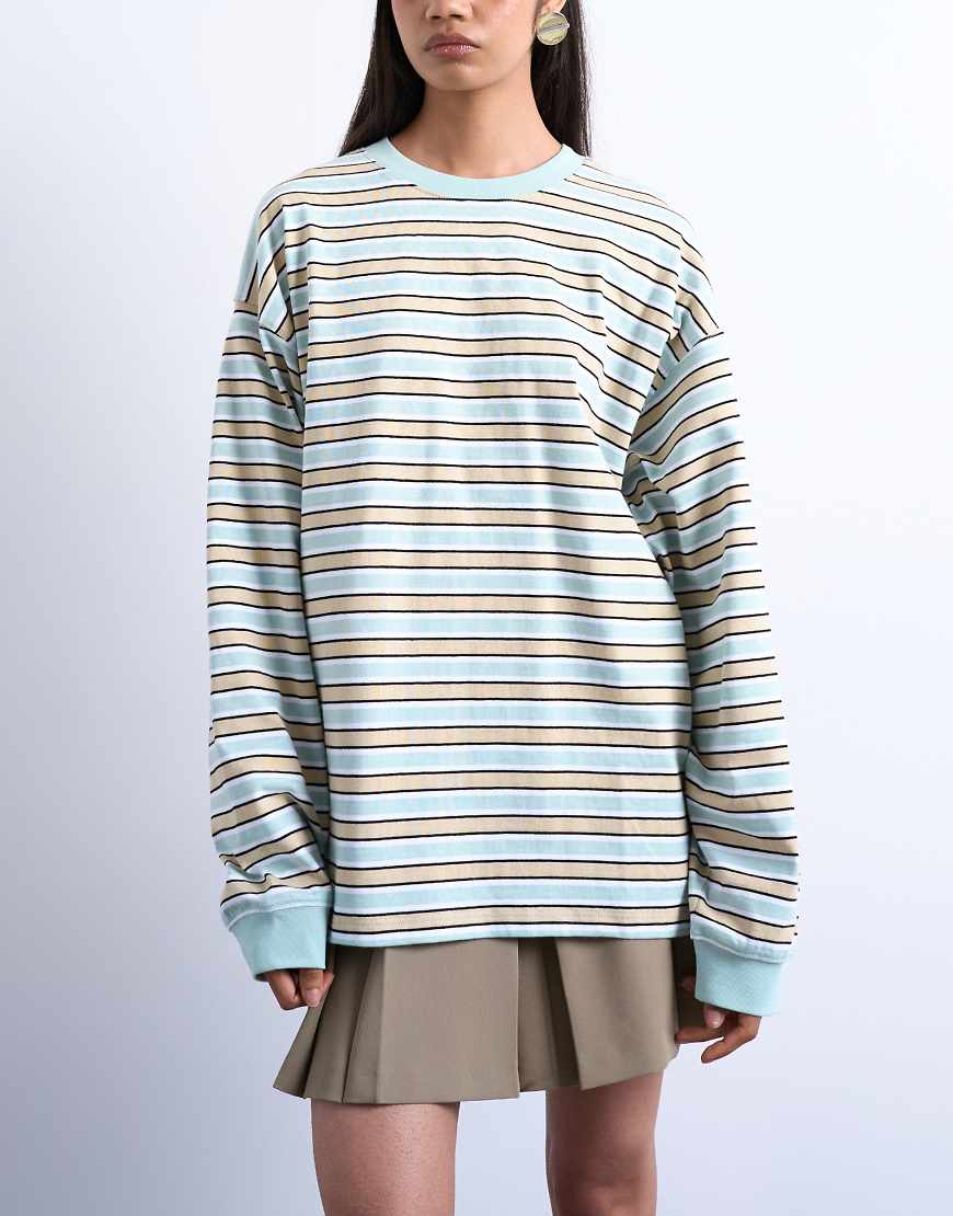 Topshop - Langärmliges, lässiges Skater-T-Shirt in Beige gestreift-Neutral von Topshop