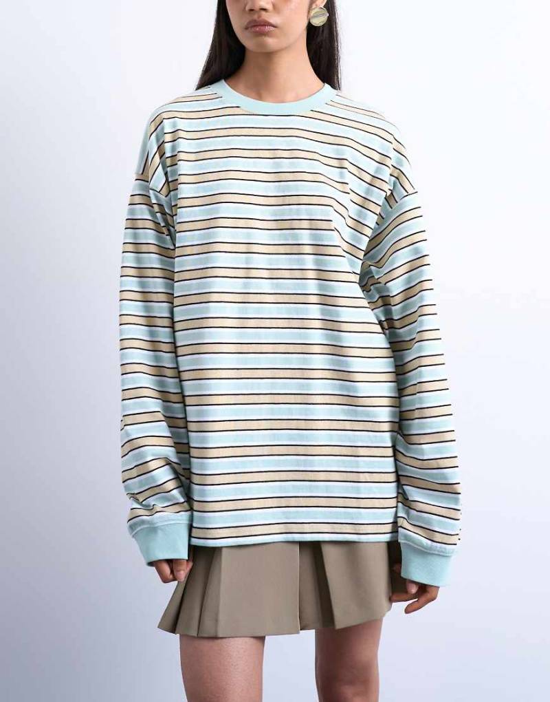 Topshop - Langärmliges, lässiges Skater-T-Shirt in Beige gestreift-Neutral von Topshop