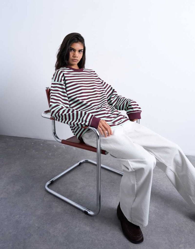 Topshop - Langärmliges, lässiges Skater-T-Shirt in mint und burgunderrot gestreift-Bunt von Topshop