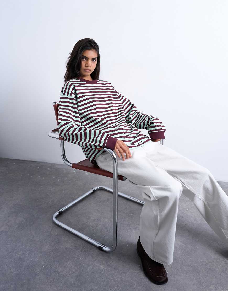 Topshop - Langärmliges, lässiges Skater-T-Shirt in mint und burgunderrot gestreift-Bunt von Topshop