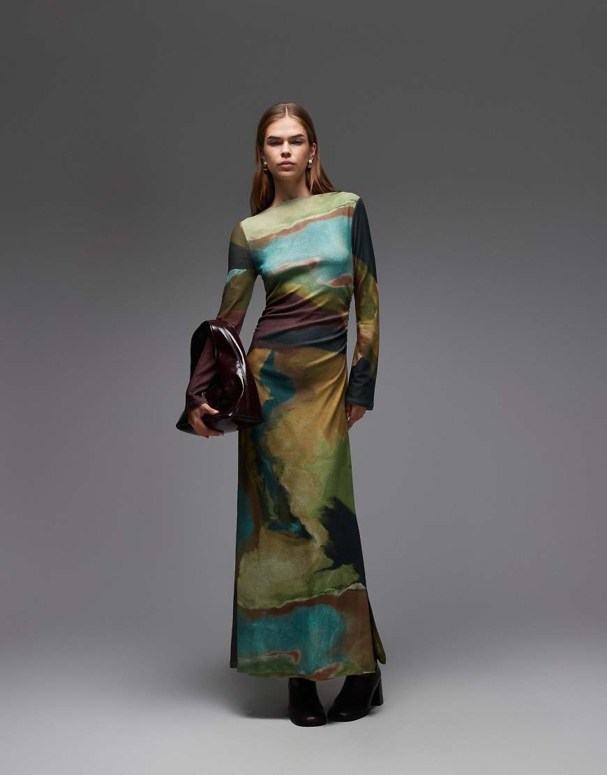 Topshop - Langärmliges, mehrfarbiges Maxikleid mit abstraktem Print-Bunt von Topshop
