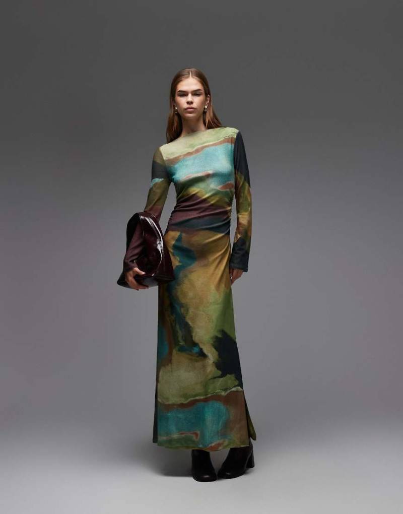 Topshop - Langärmliges, mehrfarbiges Maxikleid mit abstraktem Print-Bunt von Topshop