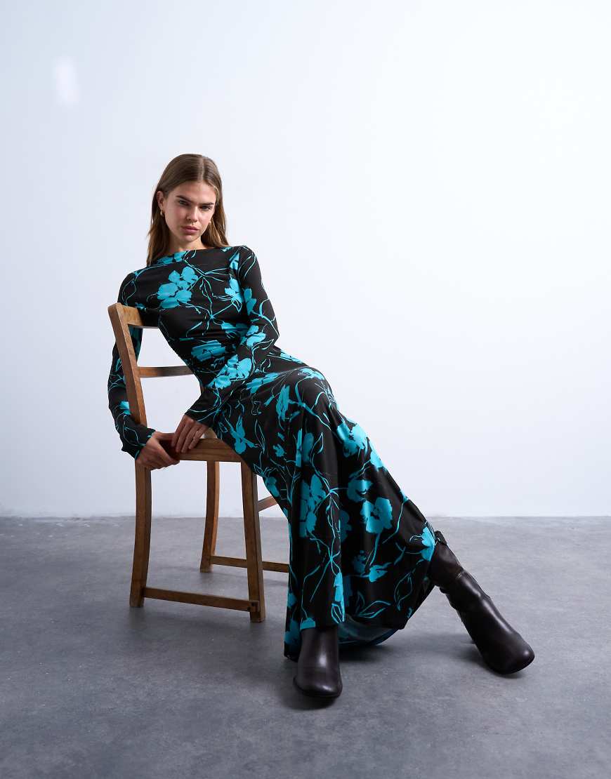 Topshop - Langärmliges Maxikleid in Schokobraun mit U-Boot-Ausschnitt und Blumenmuster-Brown von Topshop