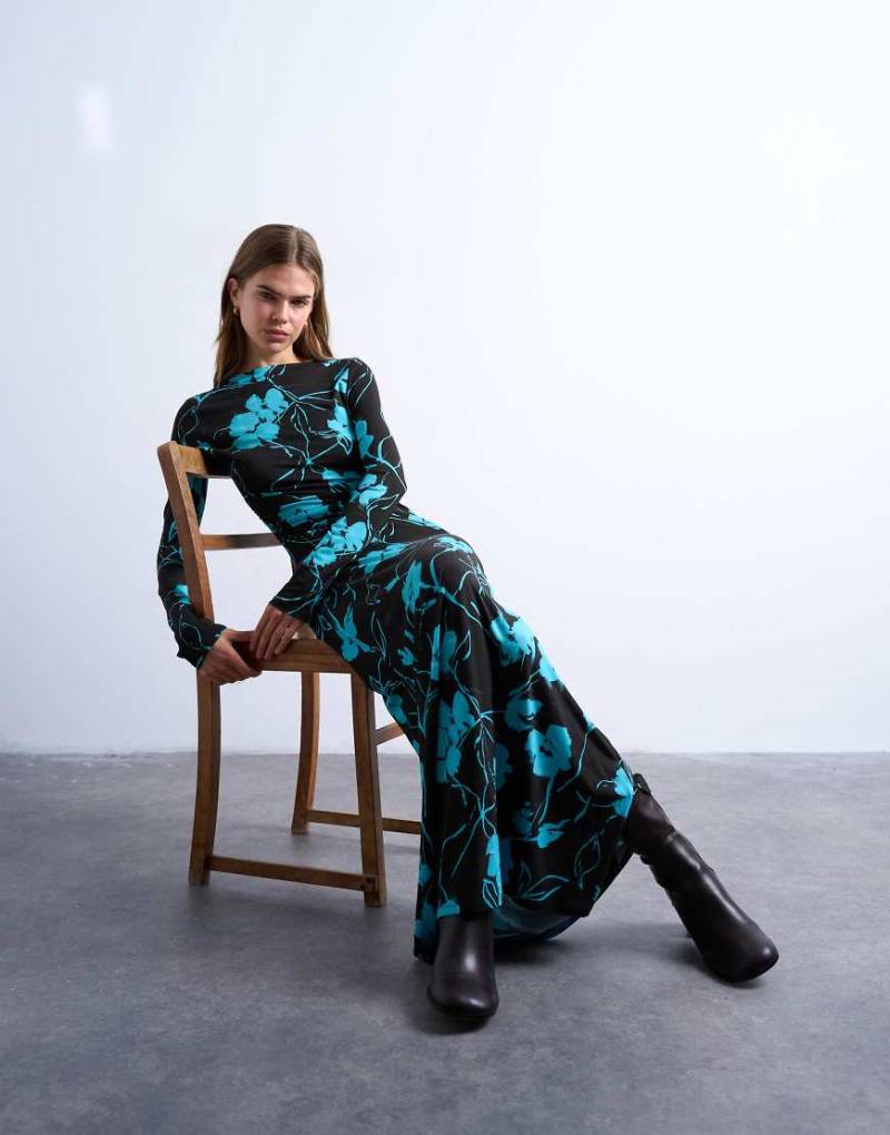 Topshop - Langärmliges Maxikleid in Schokobraun mit U-Boot-Ausschnitt und Blumenmuster-Brown von Topshop