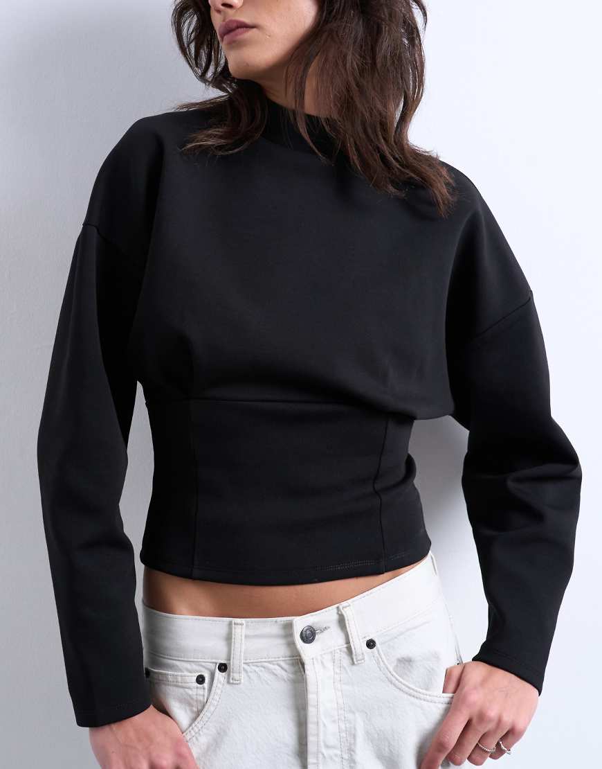 Topshop - Langärmliges Oberteil aus Interlock in Schwarz mit Korsett-Taille von Topshop