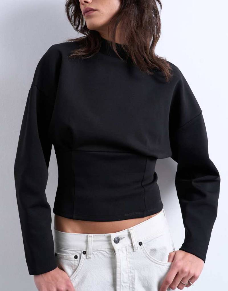 Topshop - Langärmliges Oberteil aus Interlock in Schwarz mit Korsett-Taille Topshop - Langärmliges Oberteil aus Interlock in Schwarz mit Korsett-Taille von Topshop