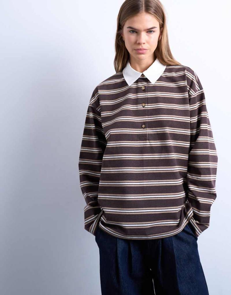 Topshop- Langärmliges Rugby-Polohemd in Schokobraun gestreift-Brown von Topshop