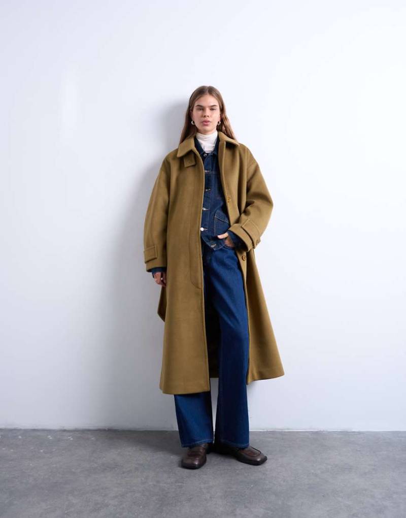 Topshop - Langer, formeller Car Coat in Salbeigrün mit Gürtel von Topshop