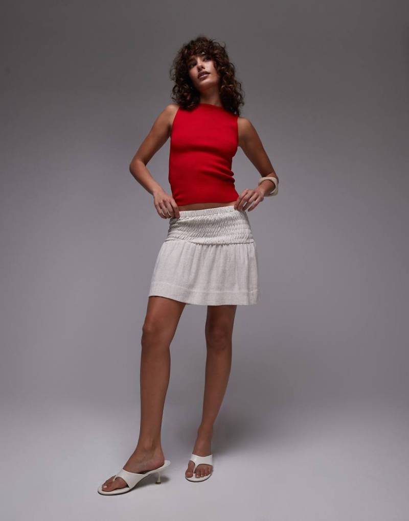 Topshop - Leinen-Minirock in Natur mit seitlicher Raffung und hohem Bund-Neutral von Topshop