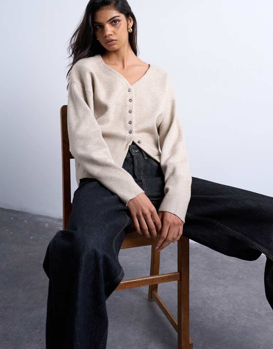 Topshop - Longline-Strickjacke aus kompaktem Strick in Haferbeige mit V-Ausschnitt-Neutral von Topshop