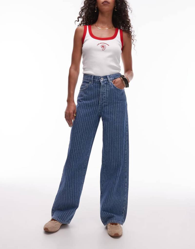 Topshop - Loose Fit Straight Jeans in Mittelblau mit Streifen und mittelhohem Bund von Topshop