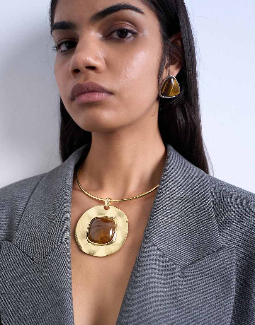 Topshop - Max - Statement-Halskette in Goldoptik mit braunem Stein-Goldfarben von Topshop