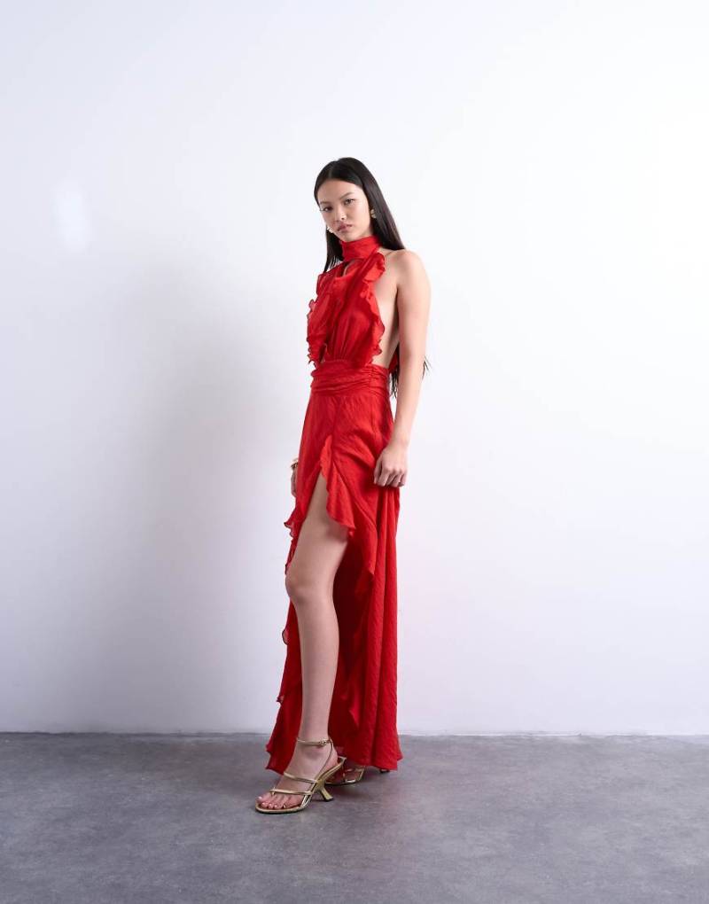 Topshop - Maxi-Abendkleid in Rot mit tiefem Ausschnitt und Rüschen von Topshop
