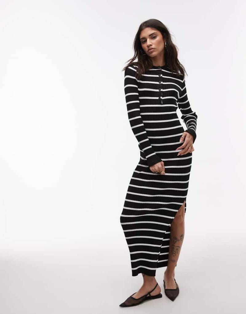 Topshop - Schwarz-weißes Strick-Maxikleid mit Knopfleiste-Bunt von Topshop