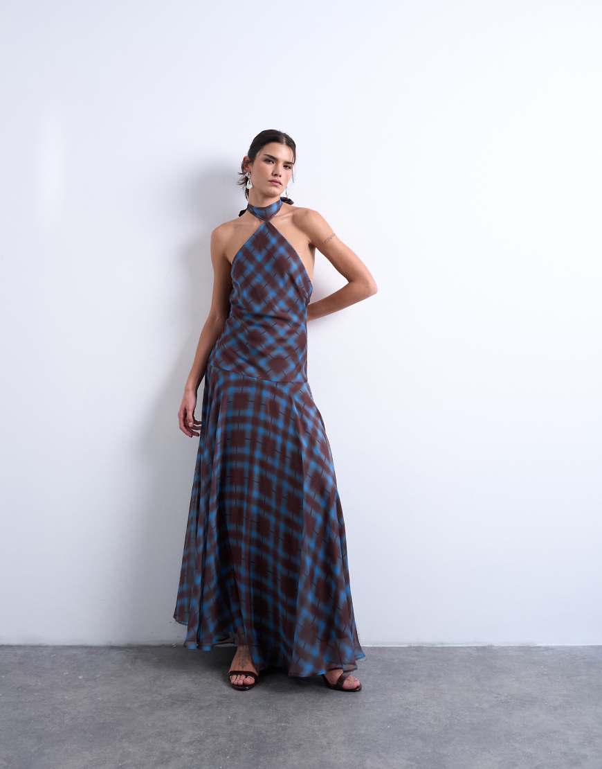 Topshop - Maxikleid aus Chiffon in Blau kariert mit weitem Saum und tiefer Taille von Topshop