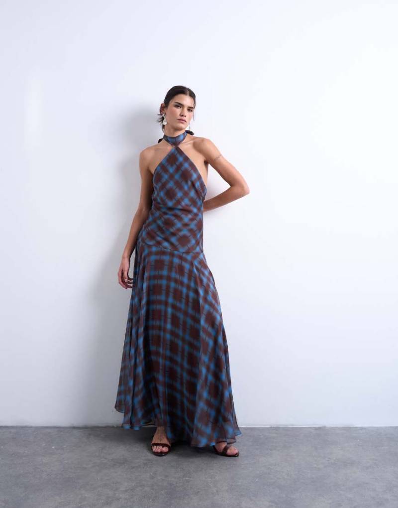 Topshop - Maxikleid aus Chiffon in Blau kariert mit weitem Saum und tiefer Taille von Topshop