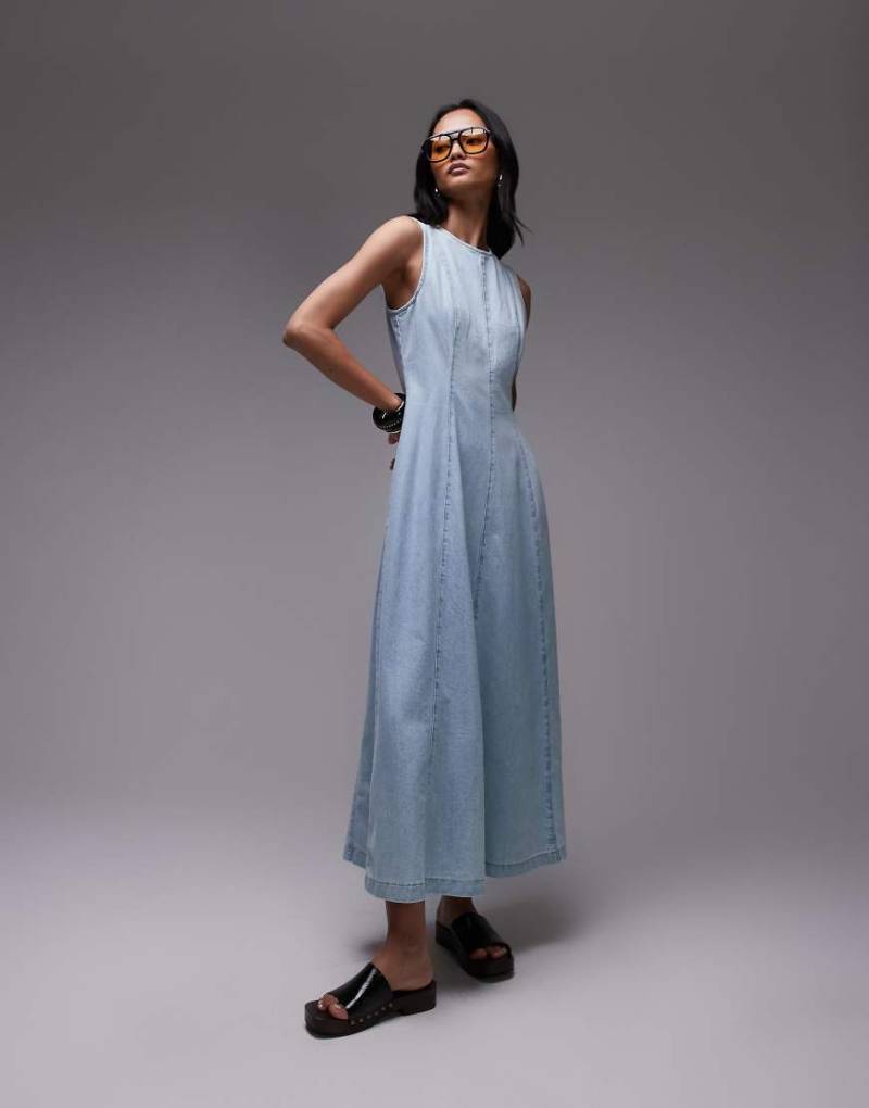 Topshop - Maxikleid aus Denim in Mittelblau mit Nahtdetails von Topshop