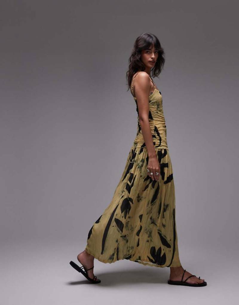 Topshop - Maxikleid aus Knitter-Netzstoff in Gelb mit tiefer Taille und Blumenmuster-Bunt von Topshop