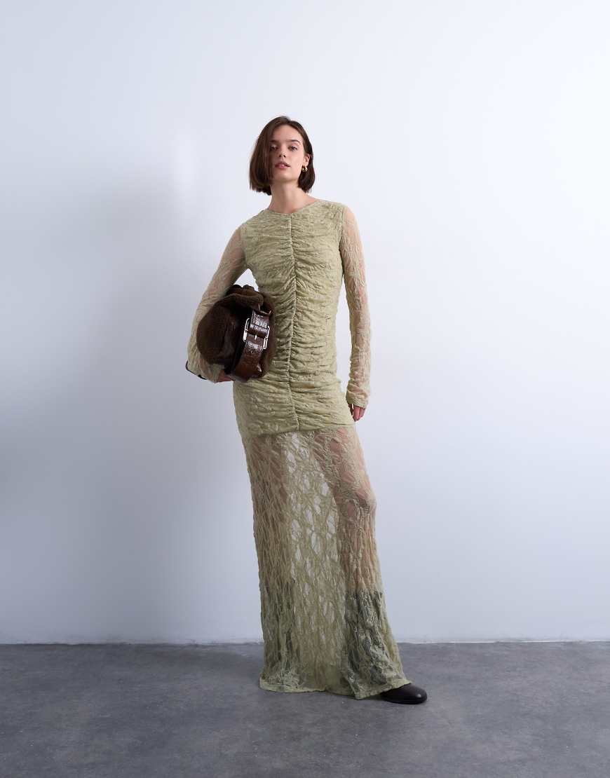 Topshop - Maxikleid aus Spitze in Grün mit geraffter Vorderseite und tief angesetzter Taille von Topshop