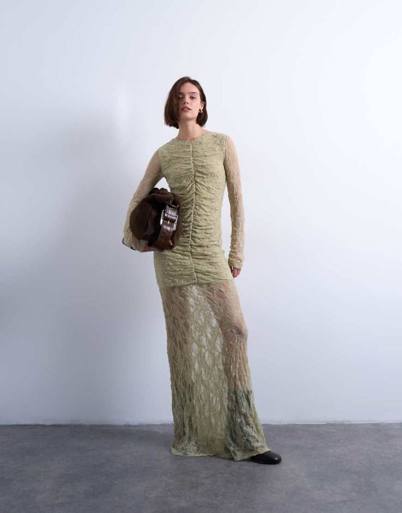 Topshop - Maxikleid aus Spitze in Grün mit geraffter Vorderseite und tief angesetzter Taille Topshop - Maxikleid aus Spitze in Grün mit geraffter Vorderseite und tief angesetzter Taille von Topshop