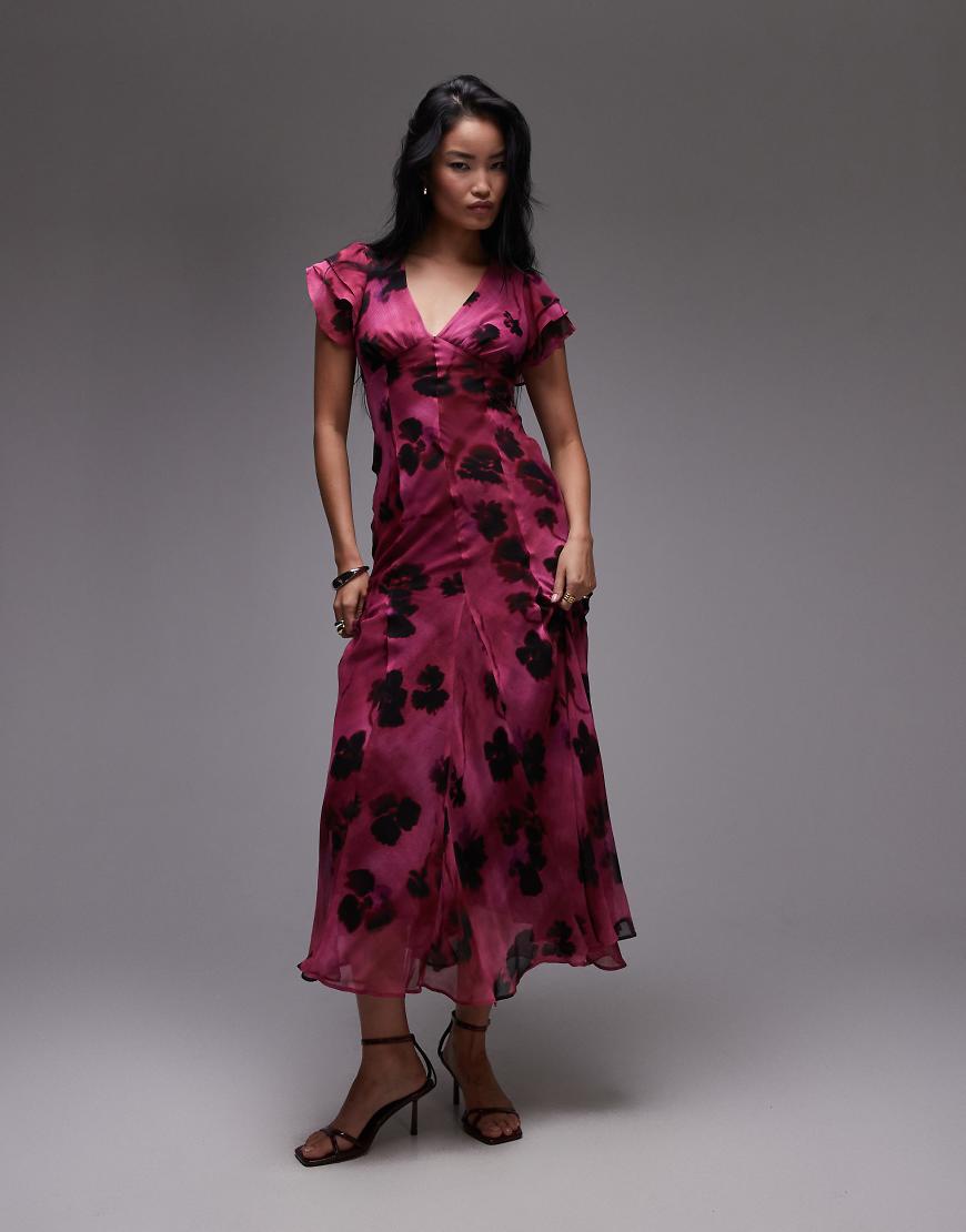 Topshop - Maxikleid für besondere Anlässe in Rosa mit Rückenschnürung und Blumenmuster von Topshop