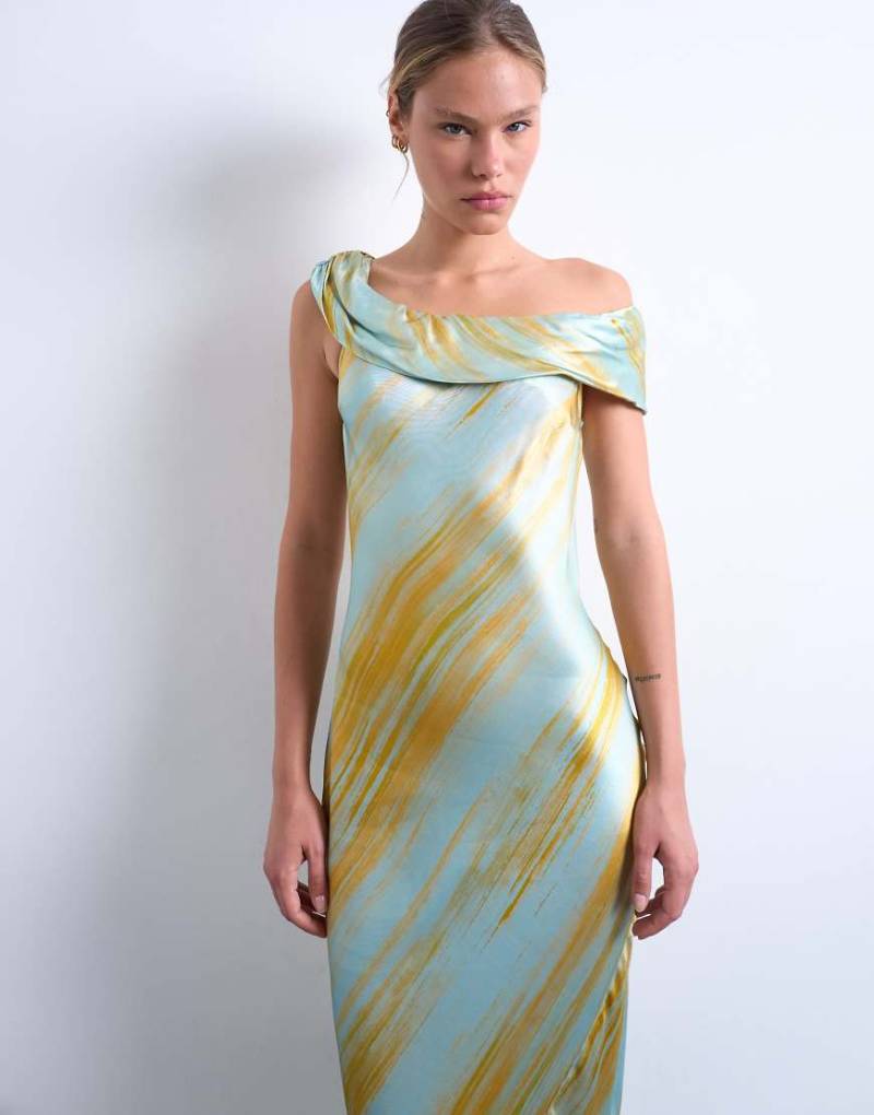 Topshop - Maxikleid für besondere Anlässe mit Print in verschwommener Optik in Rost und drapierter Schulter-Bunt von Topshop