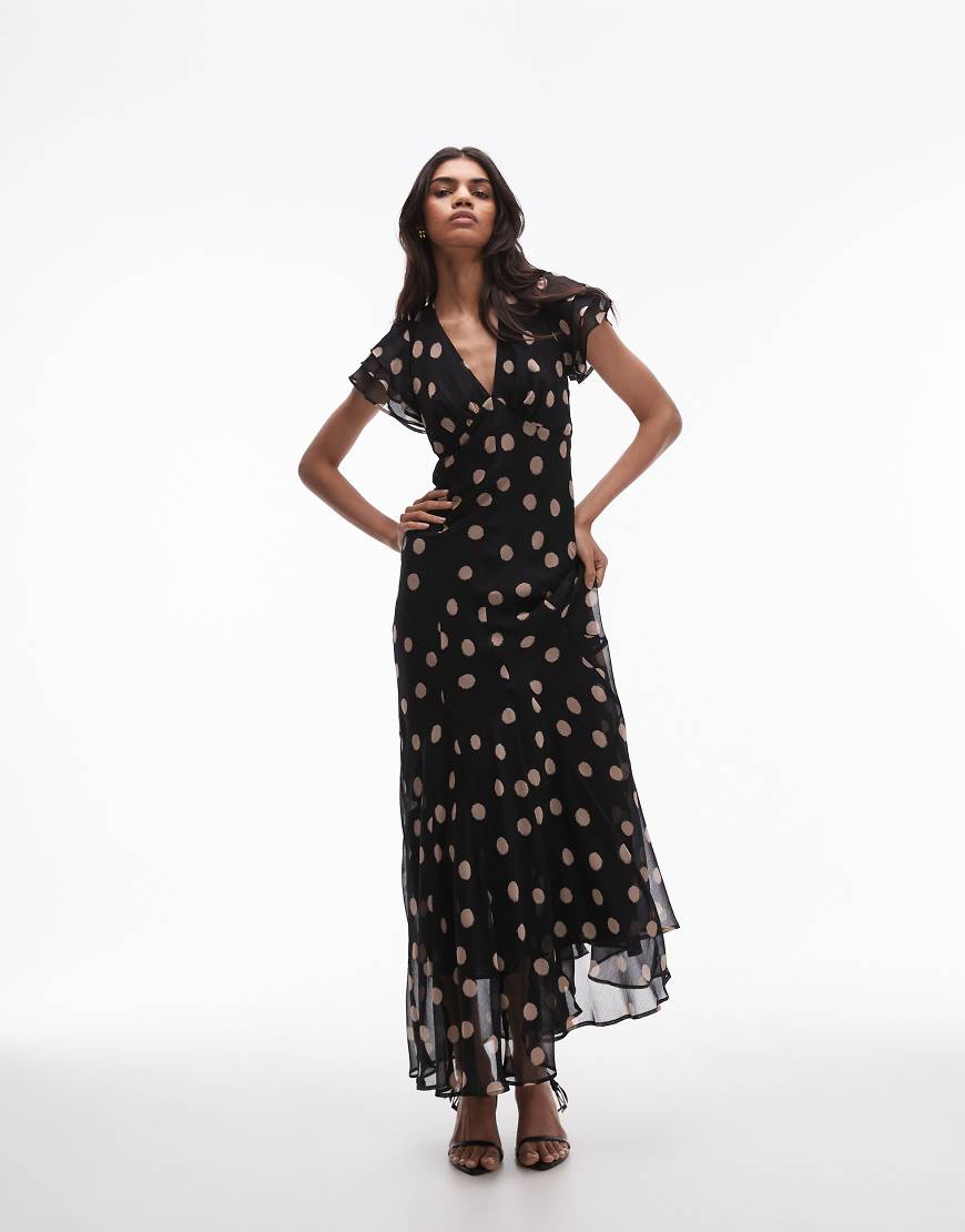 Topshop - Maxikleid für besondere Anlässe mit Punktemuster in Rosa und Schnürung am Rücken-Schwarz von Topshop