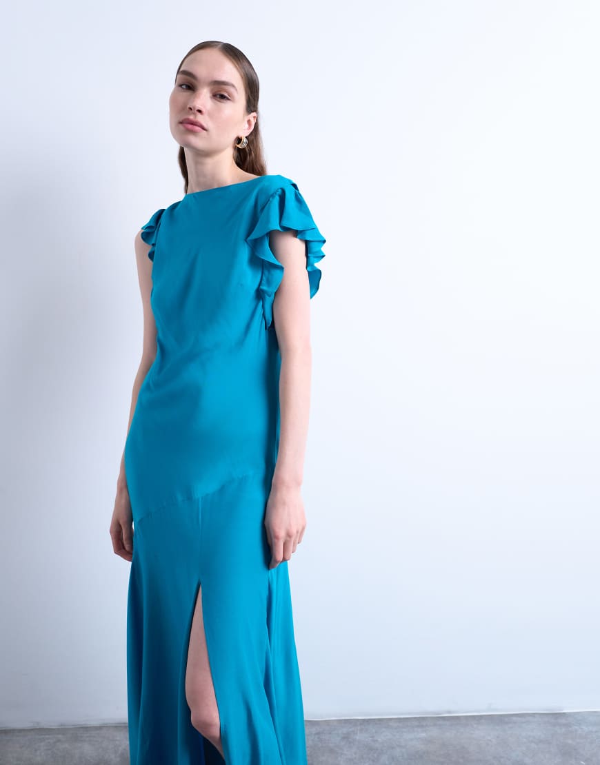 Topshop - Maxikleid in Airforce-Blau mit Flatterärmeln und Wasserfallausschnitt am Rücken von Topshop