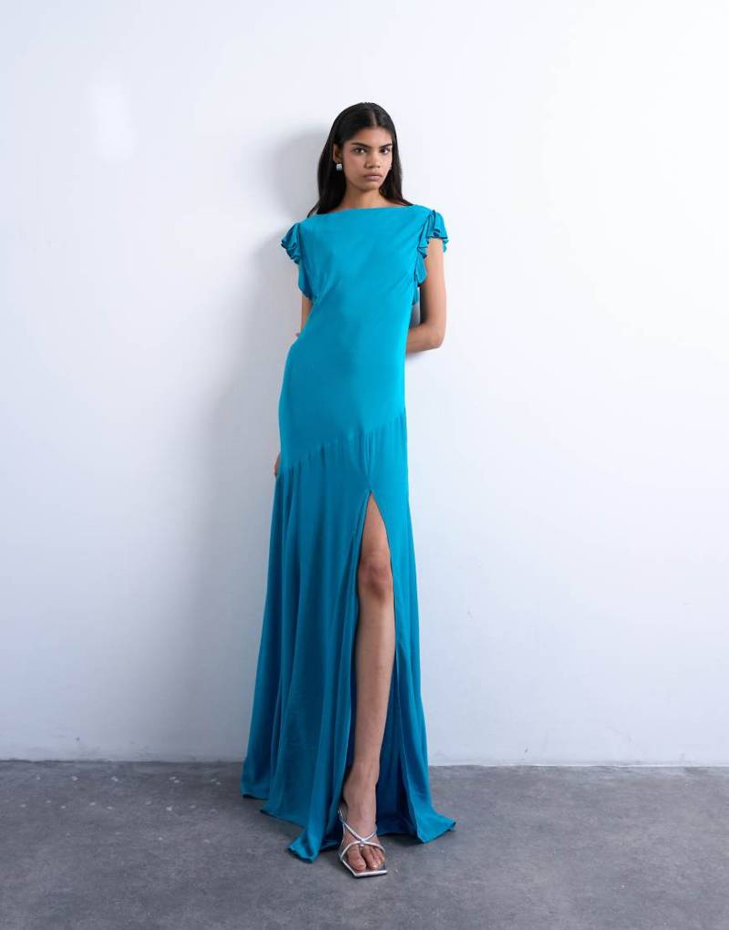 Topshop - Maxikleid in Airforce-Blau mit Flatterärmeln und Wasserfallausschnitt am Rücken von Topshop