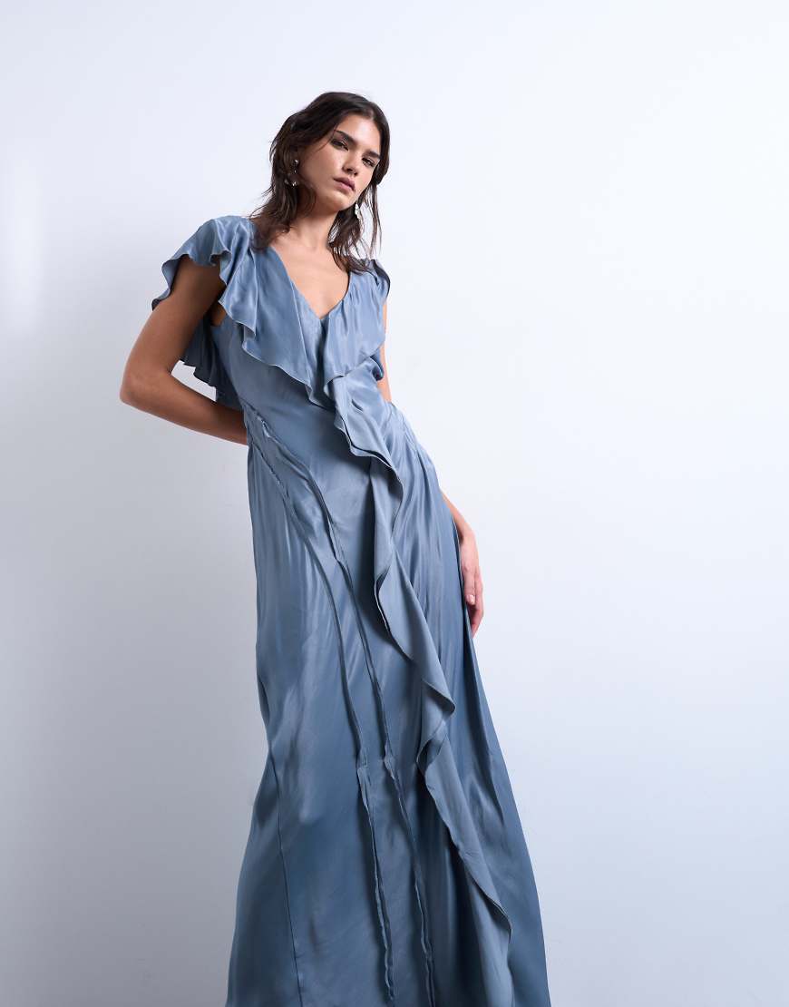 Topshop - Maxikleid in Airforce-Blau mit Rüschen und offener Kante von Topshop