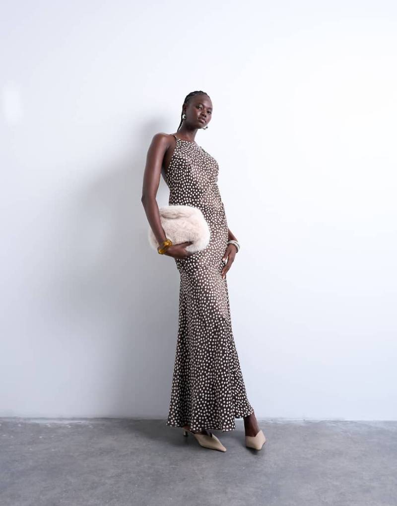 Topshop - Maxikleid in Braun mit Ringerrücken, tiefer Taille und Polka-Dot-Design-Brown von Topshop