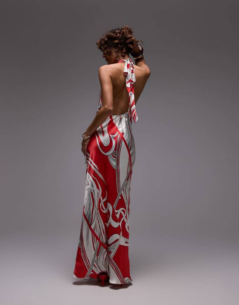 Topshop - Maxikleid in Rot mit Neckholder und edlem Print von Topshop