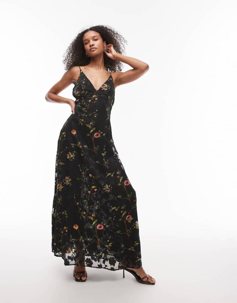 Topshop - Maxikleid in Schwarz mit Neckholder und floralem Ausbrennermuster Topshop - Maxikleid in Schwarz mit Neckholder und floralem Ausbrennermuster von Topshop