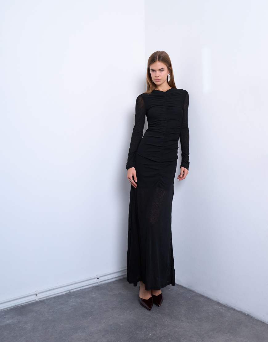 Topshop - Maxikleid in Schwarz mit geraffter Vorderseite und tiefer Taille von Topshop