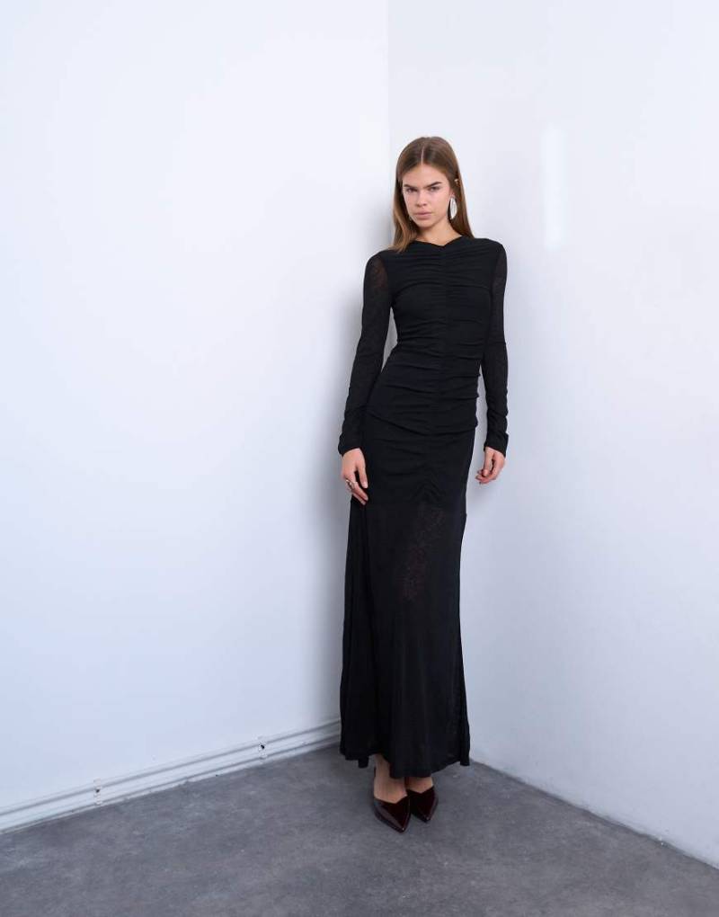 Topshop - Maxikleid in Schwarz mit geraffter Vorderseite und tiefer Taille von Topshop