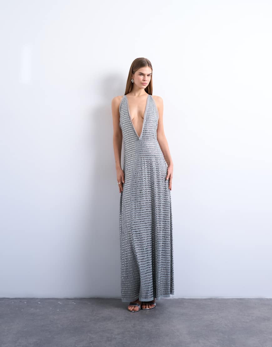 Topshop - Maxikleid in Silber mit Hotfix-Strass und tiefem V-Ausschnitt von Topshop