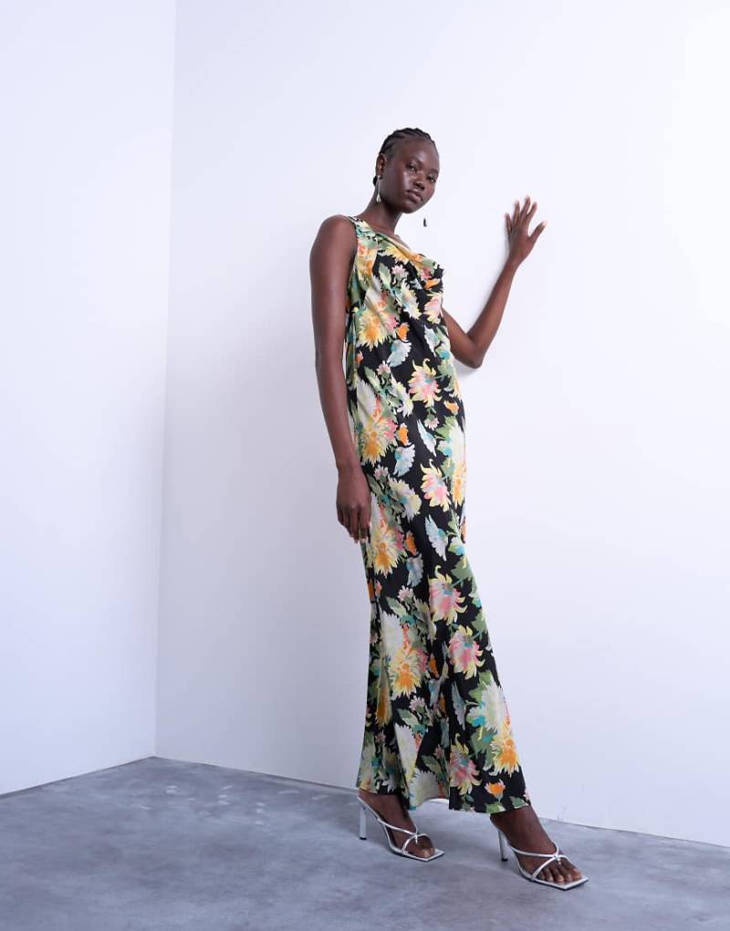 Topshop - Maxikleid mit hohem Wasserfallausschnitt und Blumenmuster in kräftiger Vintage-Optik mit Nahtdetails-Schwarz von Topshop