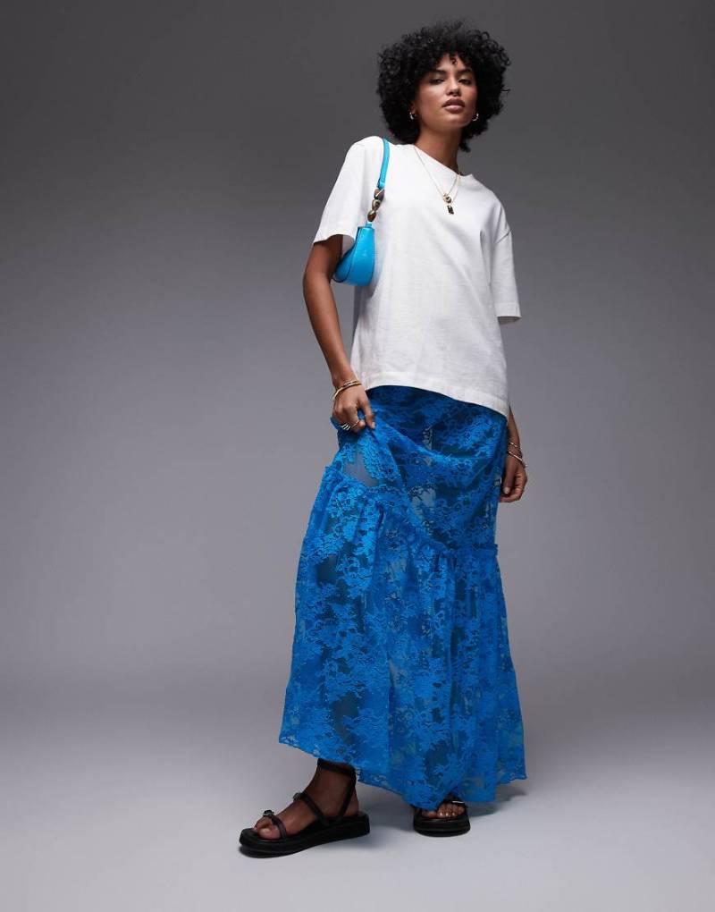 Topshop - Maxirock in Blaugrün aus transparenter Spitze von Topshop
