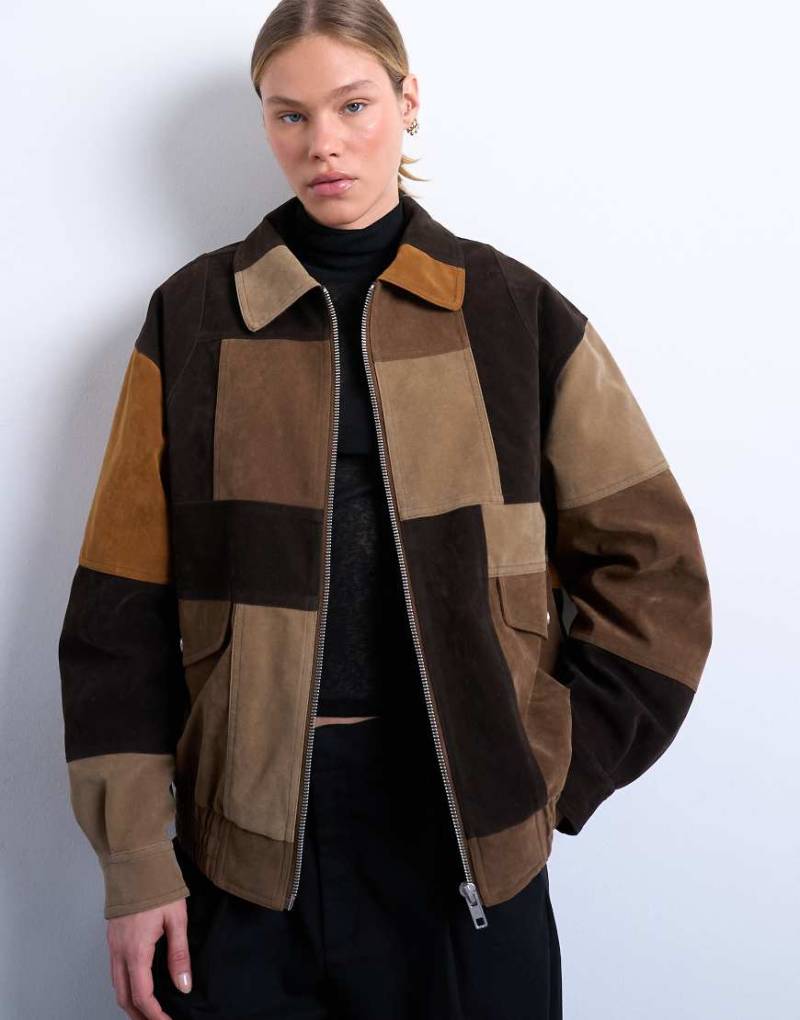Topshop - Mehrfarbige Patchwork-Bomberjacke aus Wildlederimitat-Bunt von Topshop