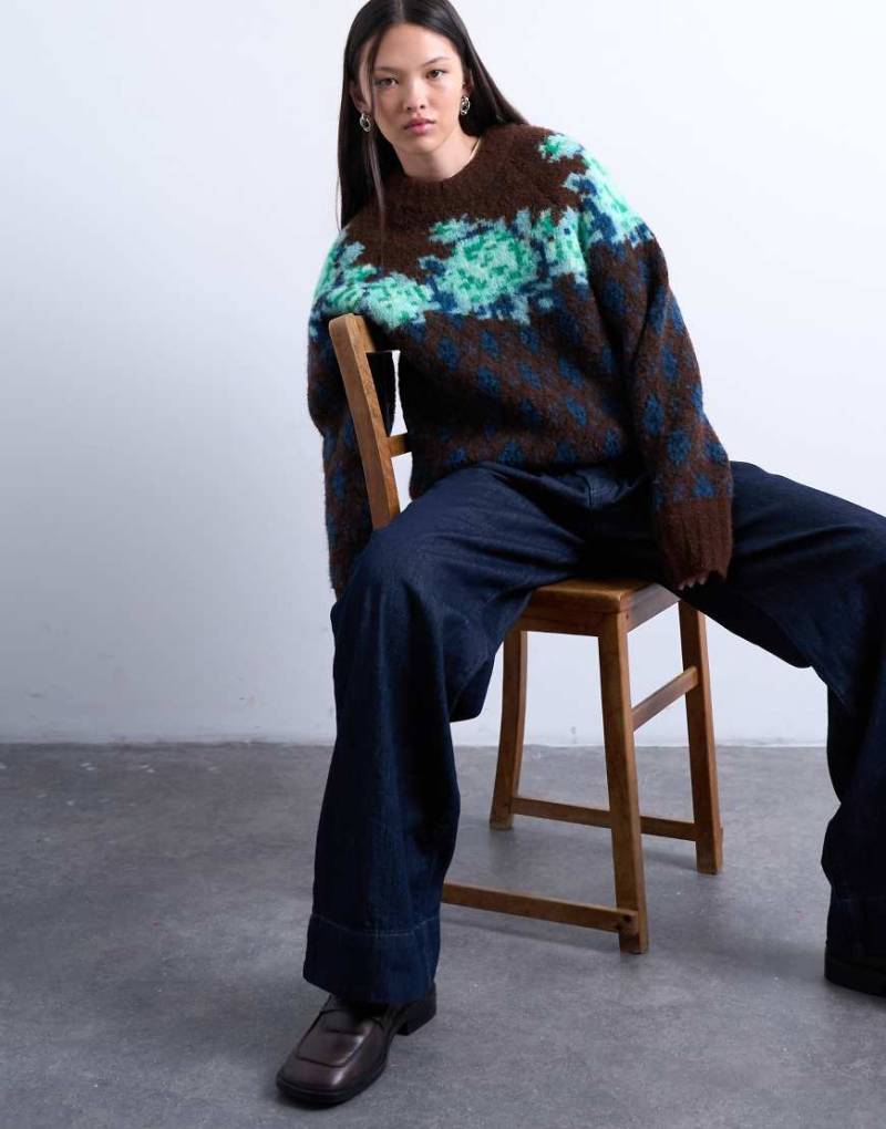 Topshop - Mehrfarbiger Strickpullover mit Blumen- und Rautenmuster-Bunt von Topshop